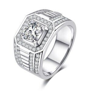 💎Fever Square Glitter Zircon Silver Chunky Wedding Rings for Man, PD663